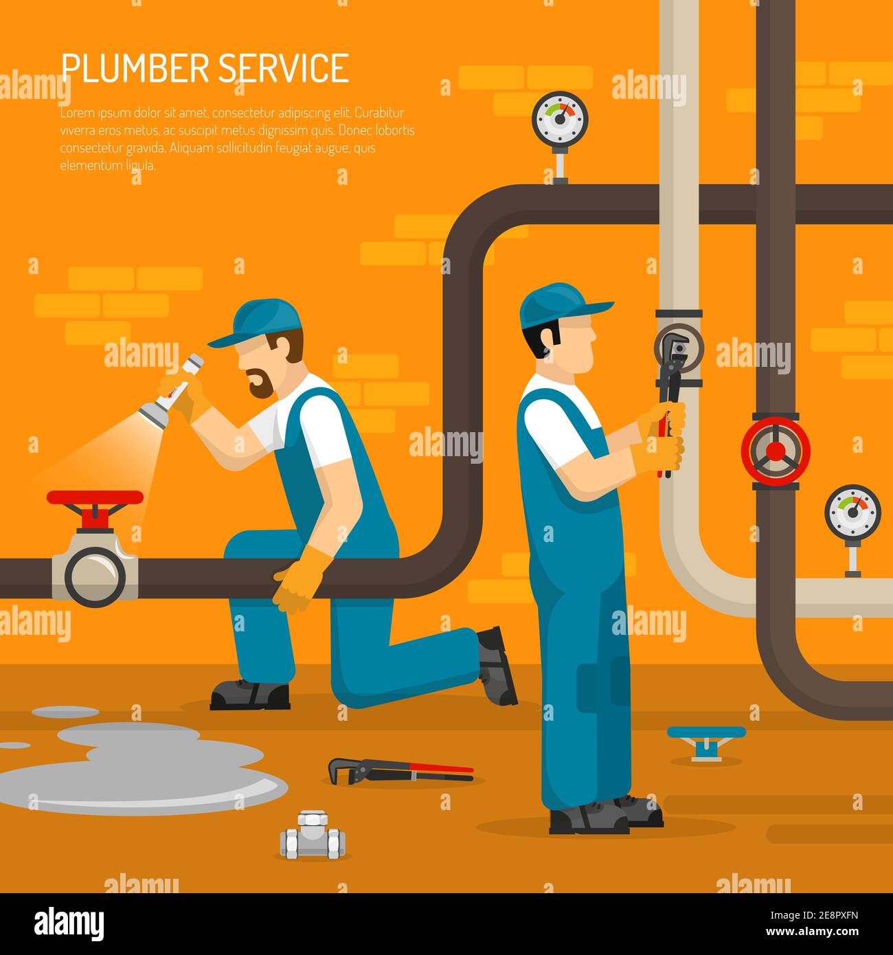Inspection of pipeline composition with plumbing work leak on floor on brick wall background vector illustration Stock Vector