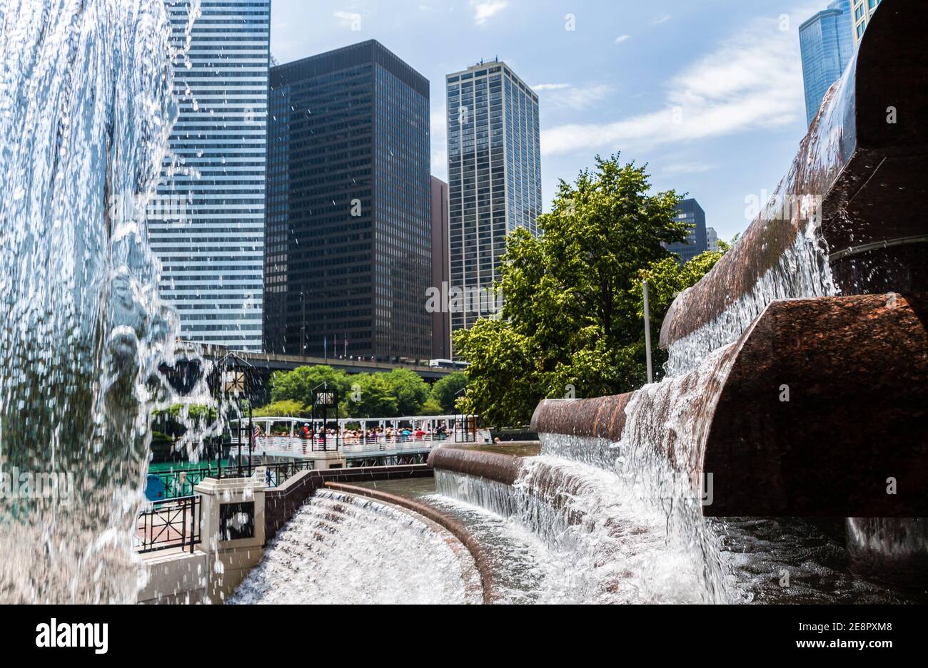 The Centennial Fountain With Downtown Skyline, Chicago, Illinois, USA