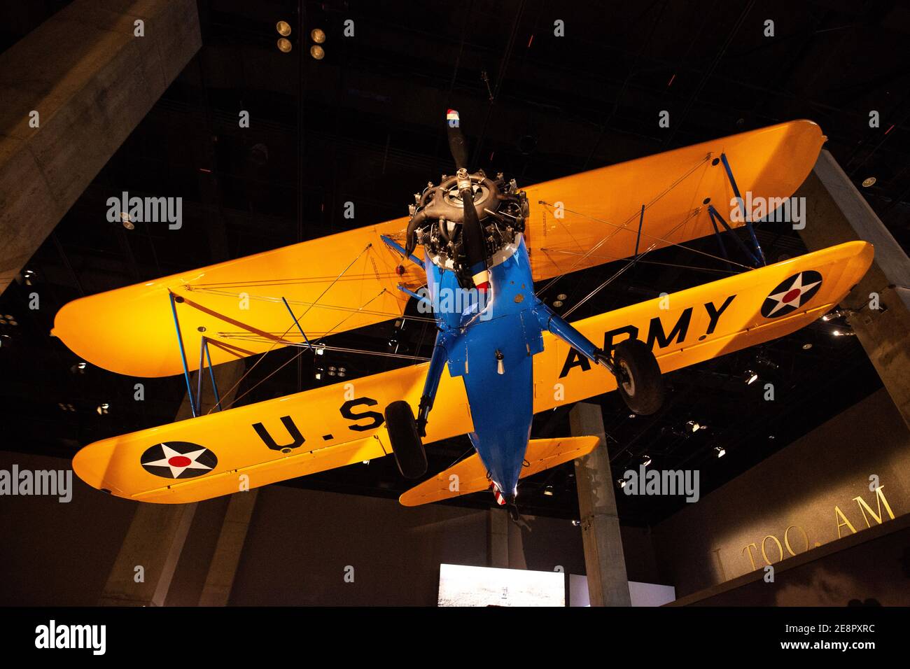 The Spirit of Tuskegee, a biplane flown by the Tuskegee Airmen, hanging at the National Museum of African American History & Culture in Washington DC. Stock Photo