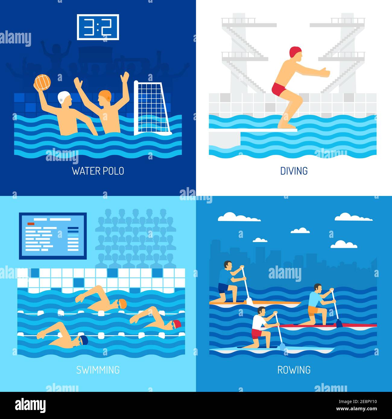 Water sport concept with polo swimming diving in pool canoe rowing at