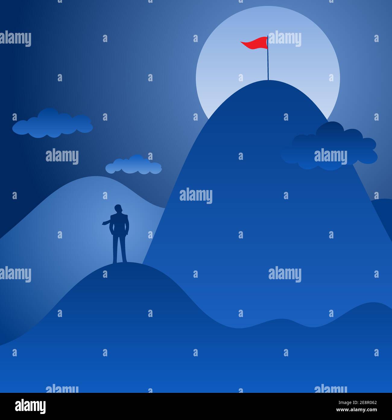 businessman looking at the top of the mountain with red flag in the ...