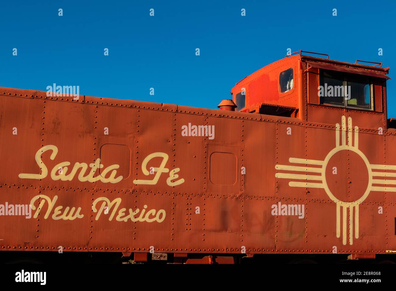 Red Caboose With Santa Fe Sign, Santa Fe, New Mexico, USA Stock Photo