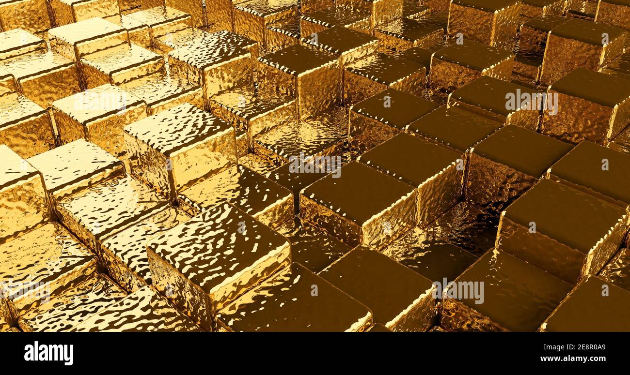 haotic abstract golden  cubes, panoramic image Stock Photo