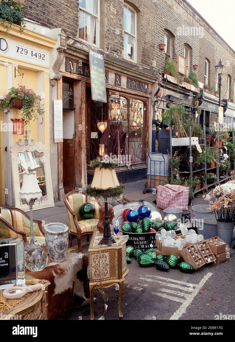 Columbia Road Flower Market in East London ,street view of the flower market and trendy antique stalls nearby. Stock Photo
