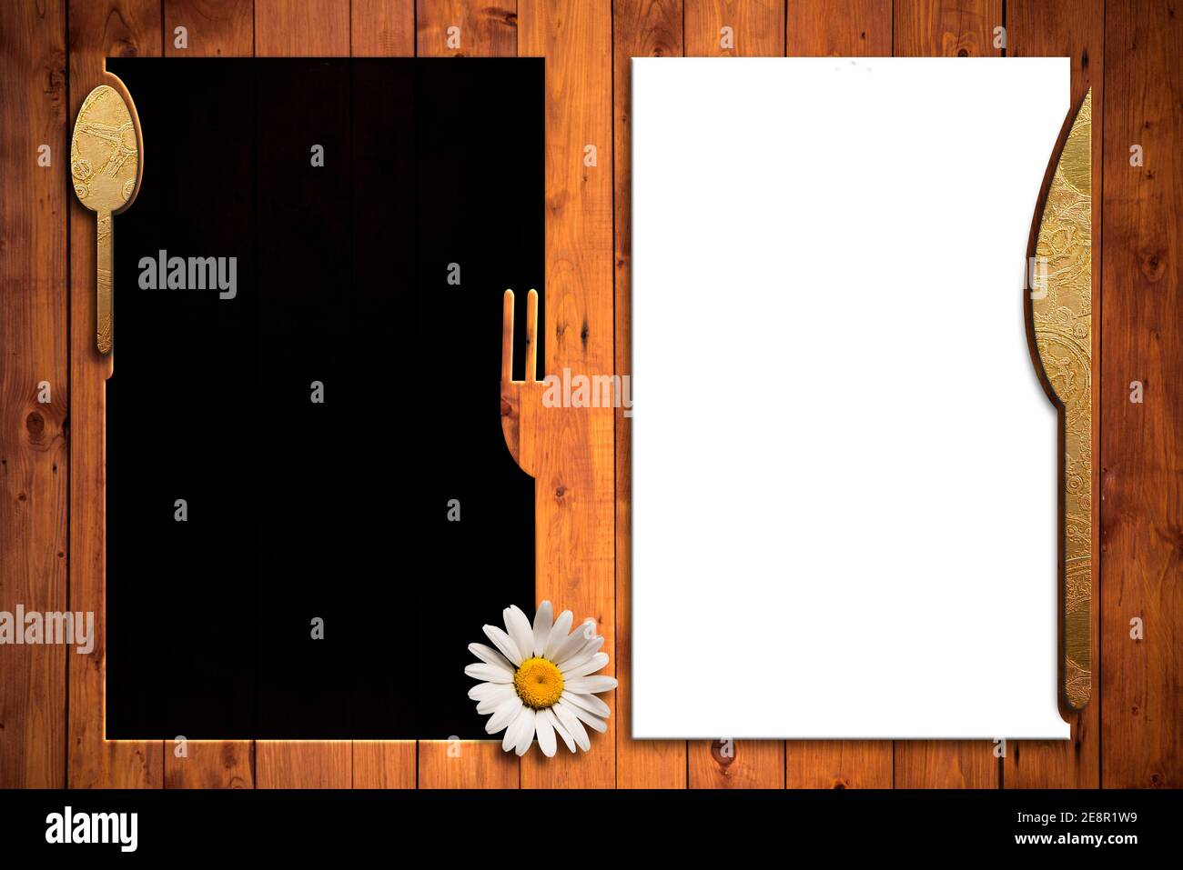 Backgrounds for restaurant menu. Two empty black and white boards and daisy  on a wooden background Stock Photo - Alamy