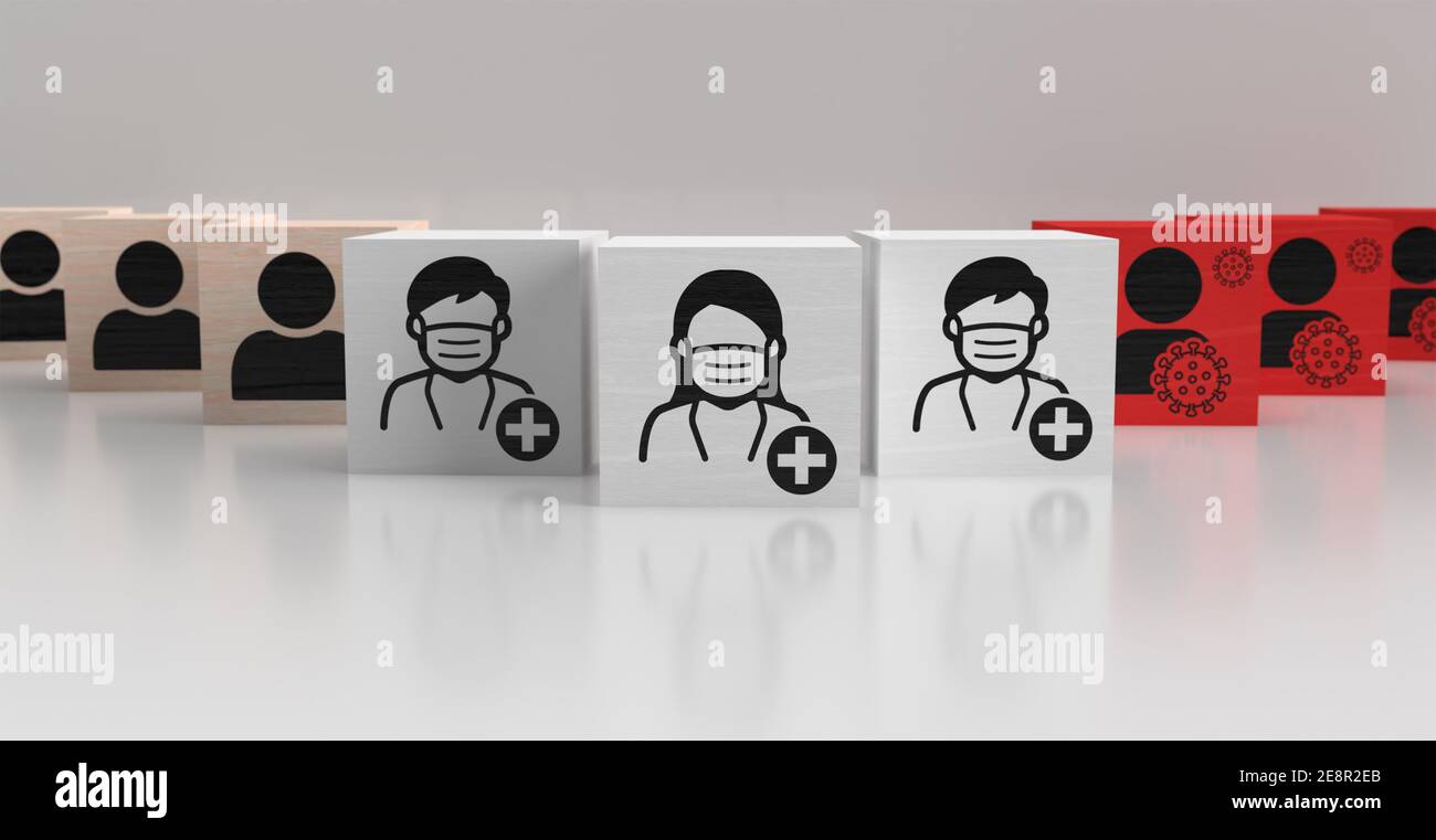 Doctors and nurses in care system are protecting people during pandemic visualized with wooden cubes with white background 3d rendering Stock Photo