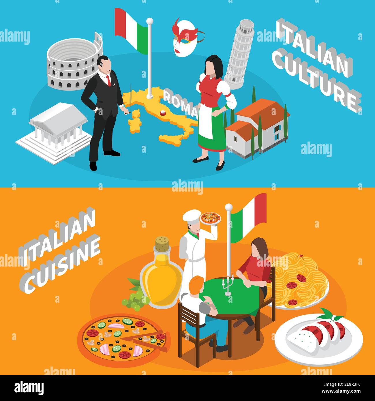 Italian culture traditions landmarks an mediterranean cuisine for tourists 2 isometric banners poster abstract isolated vector illustration Stock Vector