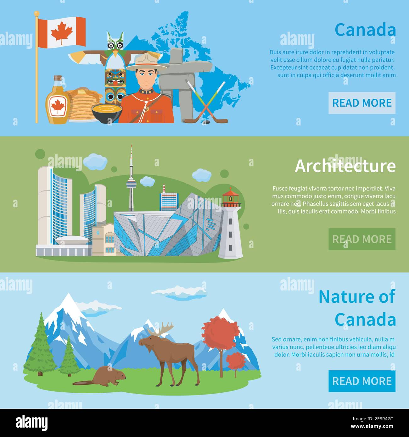 Canadian culture architecture nature and landmarks for travelers 3 flat horizontal banners webpage design isolated vector illustration Stock Vector