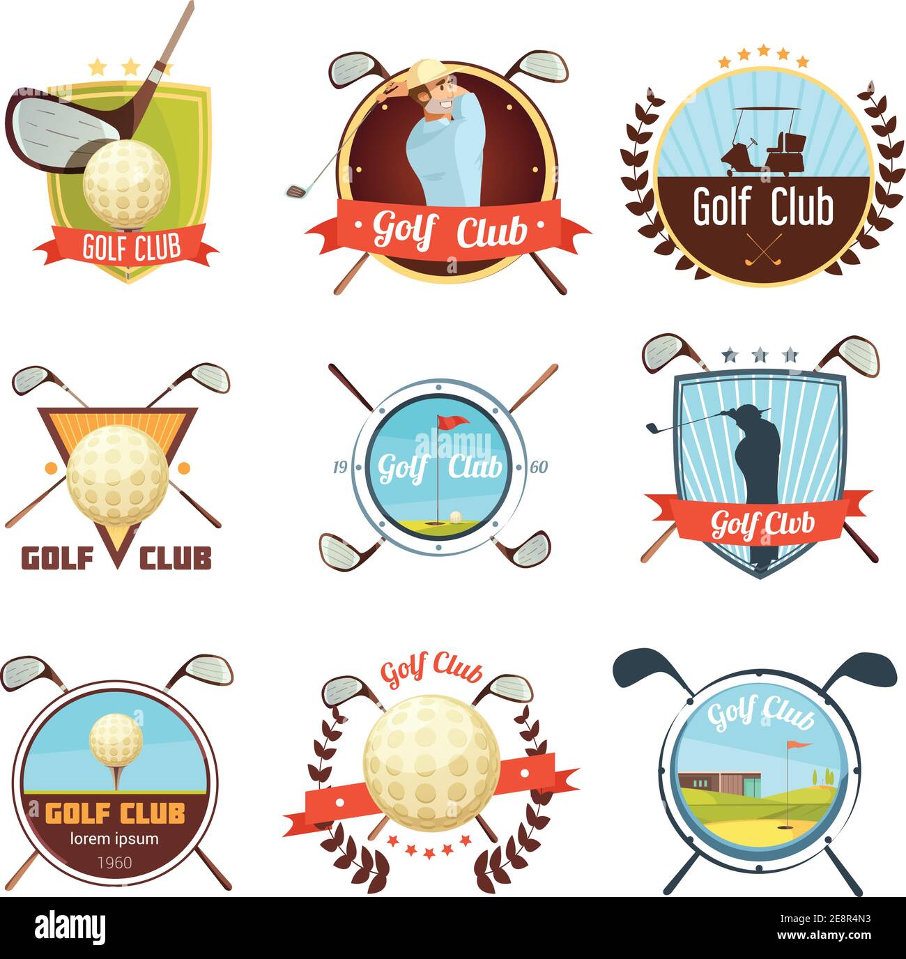 Popular golf clubs retro style labels collection with bag ball and player on course isolated vector illustration Stock Vector