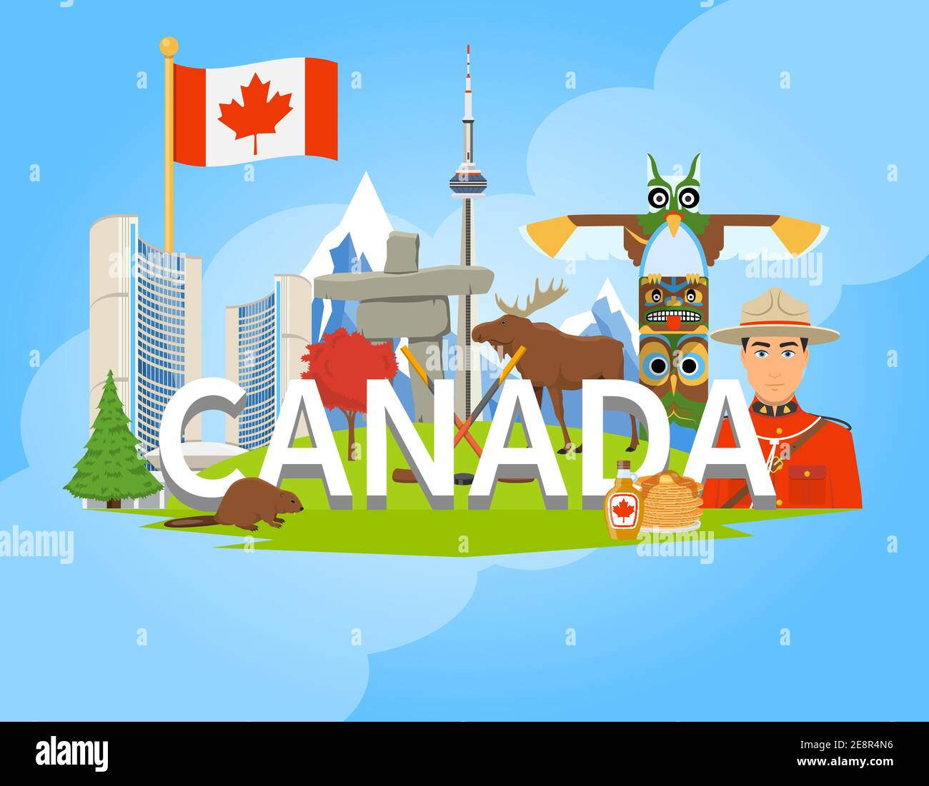 Canadian national cultural symbols landmarks and places of interest for tourists flat composition background poster vector illustration Stock Vector