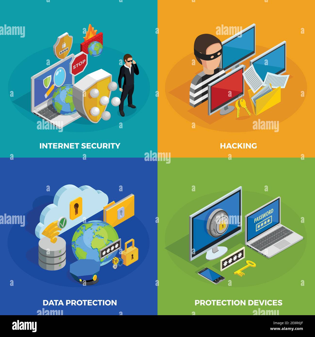 Data protection concept icons set with hacking symbols isometric ...
