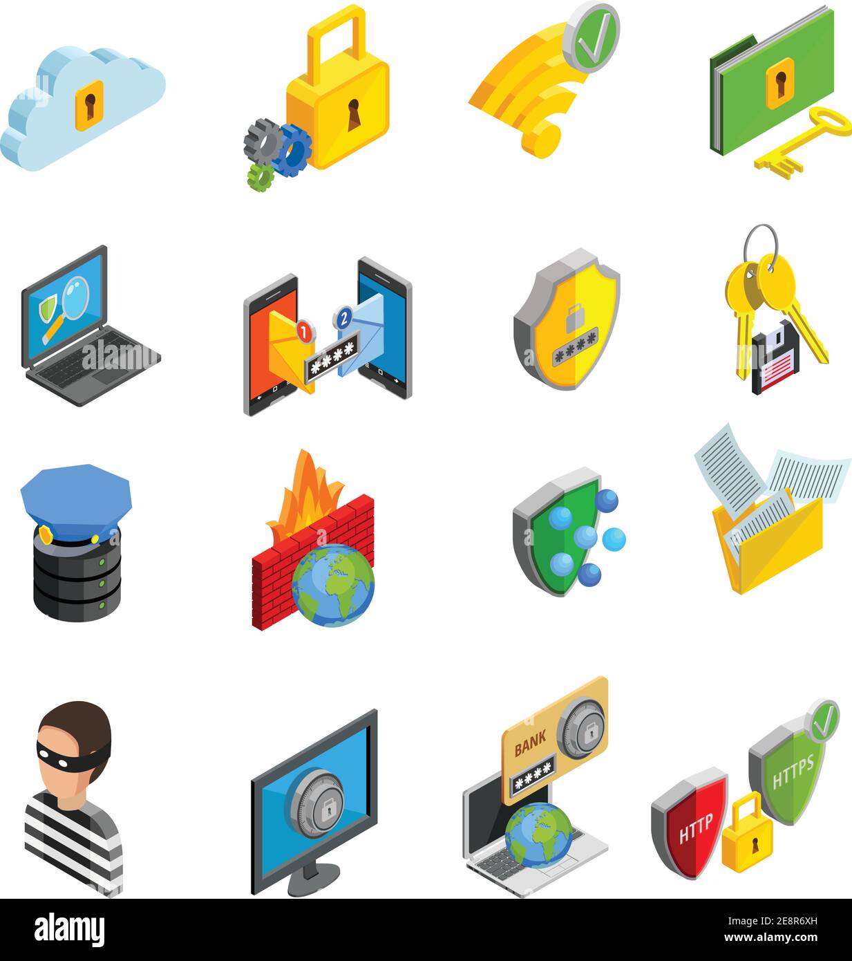 Data protection and storage icons set with laptop computer and ...
