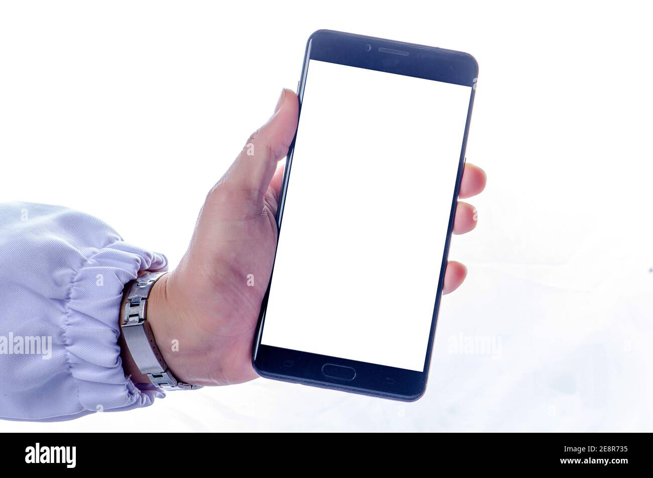 Women hand holding black smartphone isolated on white screen background ...