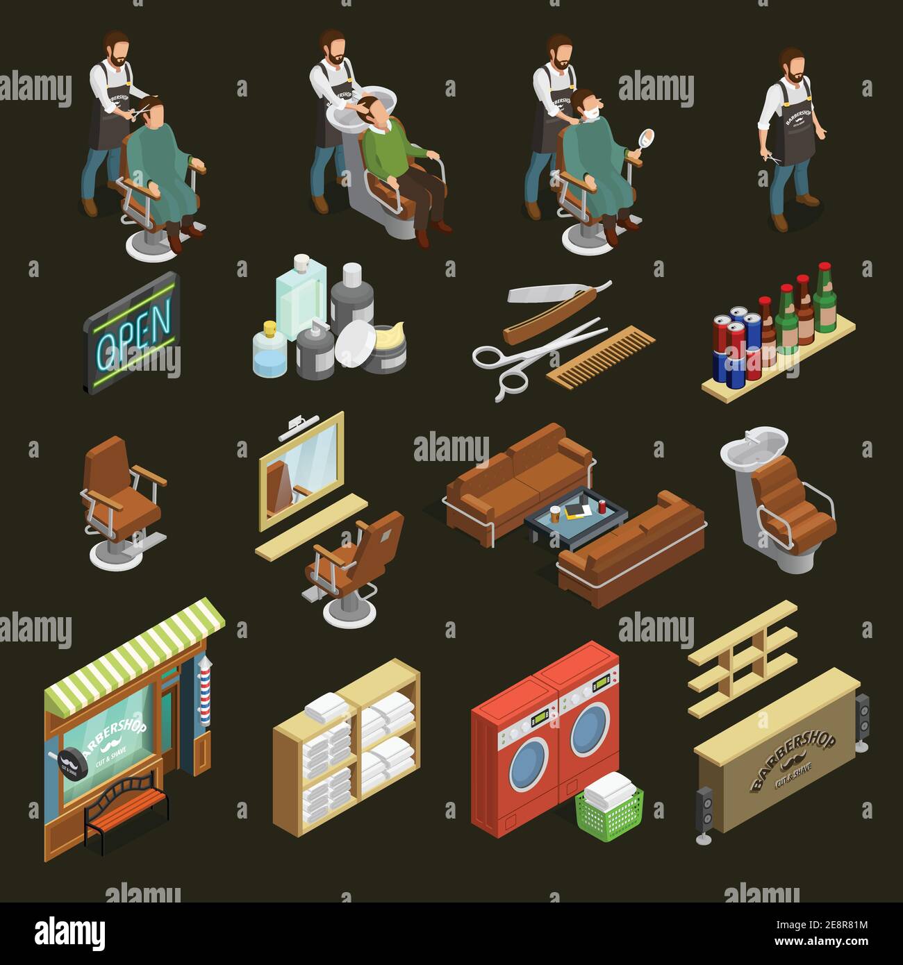 Barber isometric icons set with equipment and cosmetics symbols on dark ...