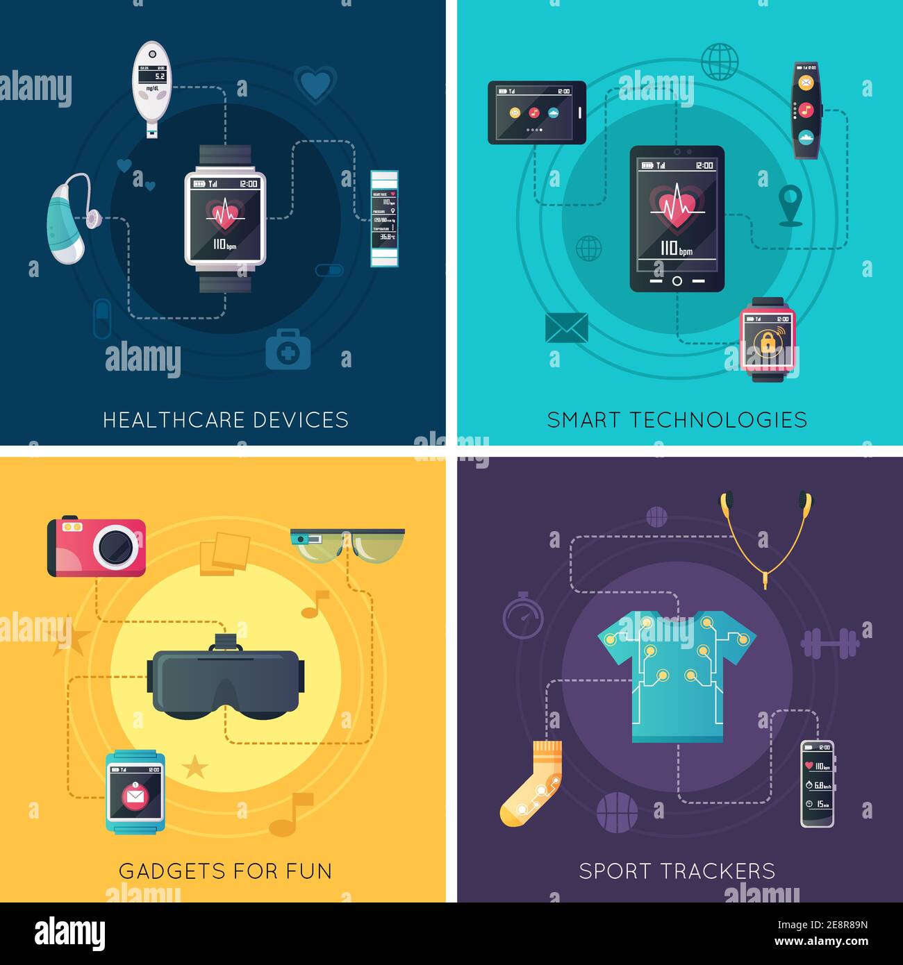 Wearable tech gadgets 4 flat icons square design with augmented reality