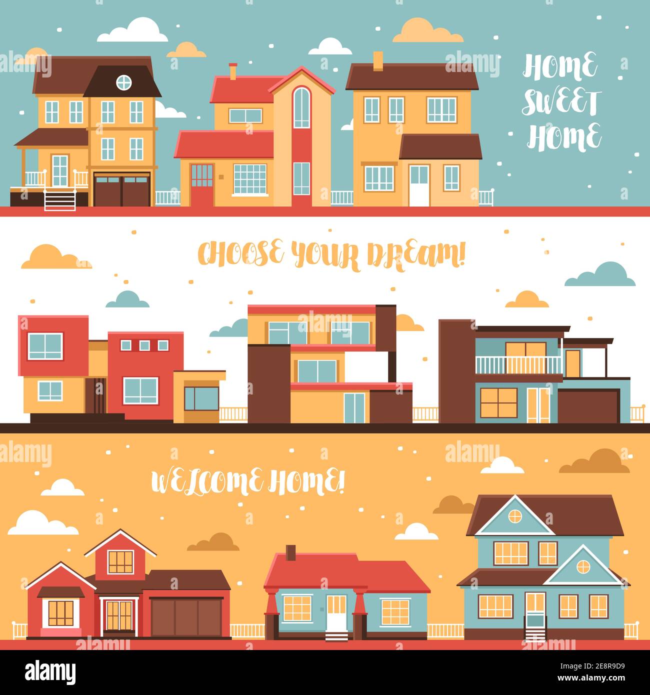 Cottage and village houses horizontal banners in cartoon style on cloud sky background flat vector illustration Stock Vector
