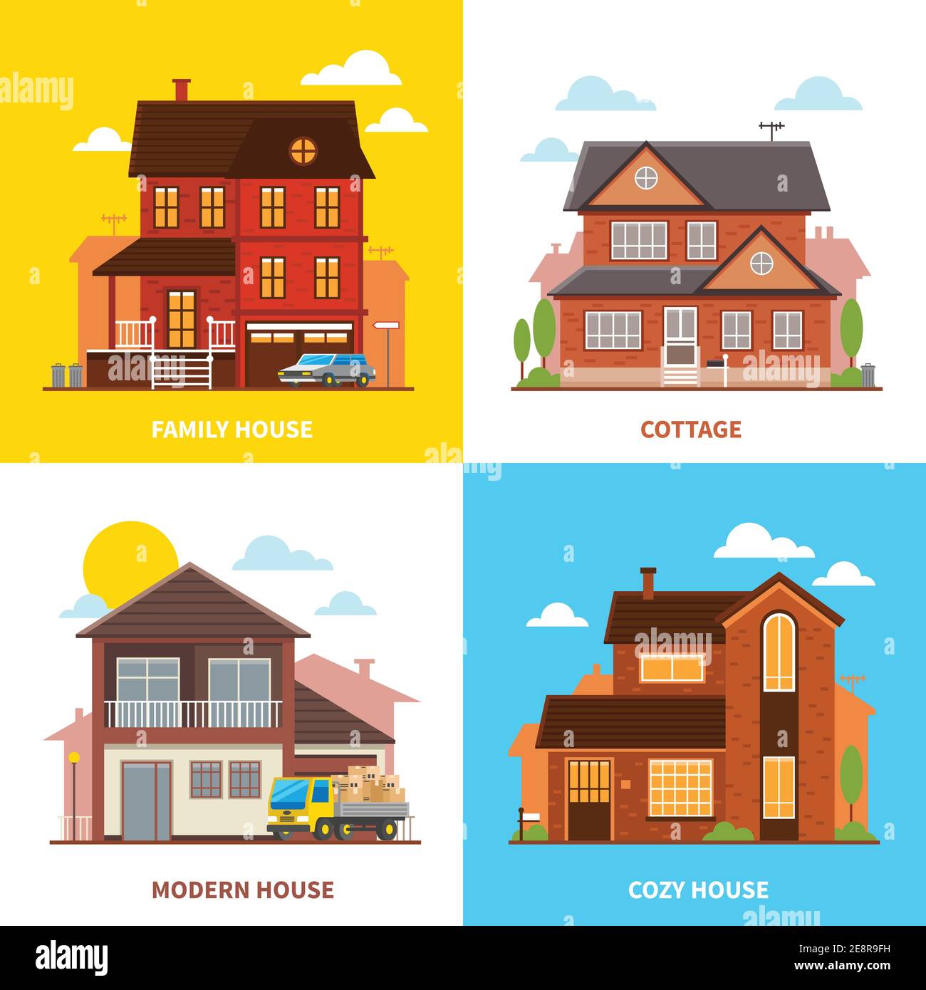 Cottage buildings 2x2 design concept set of modern cozy family houses flat vector illustration Stock Vector