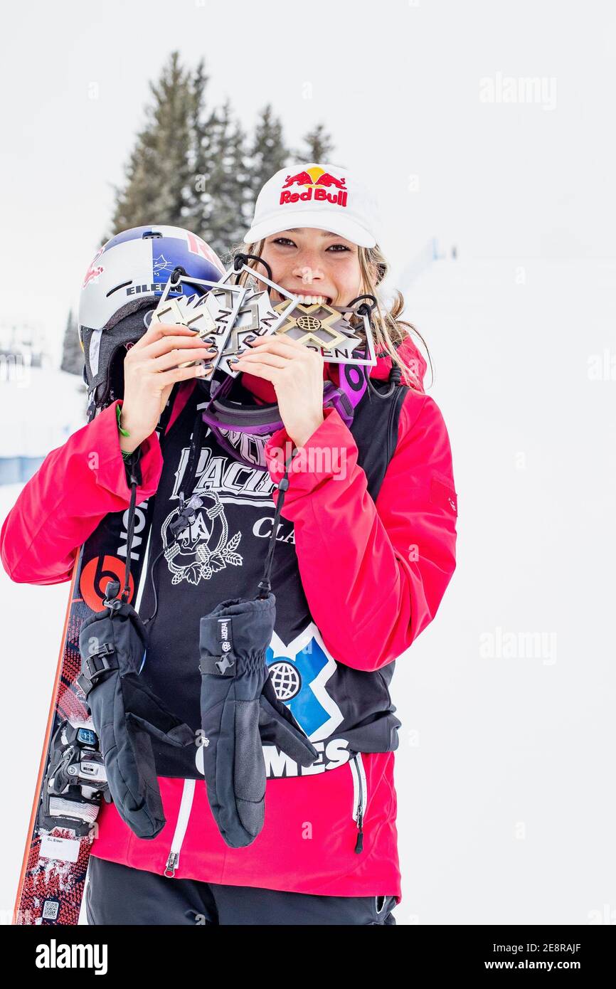 Aspen, USA. 30th Jan, 2021. Gu Ailing holds her two gold medals and one bronze medal after winning the women's ski slopestyle final during the 2021 Winter X Games in Aspen, the United States, Jan. 30, 2021. Credit: Matt Power/Xinhua/Alamy Live News Stock Photo