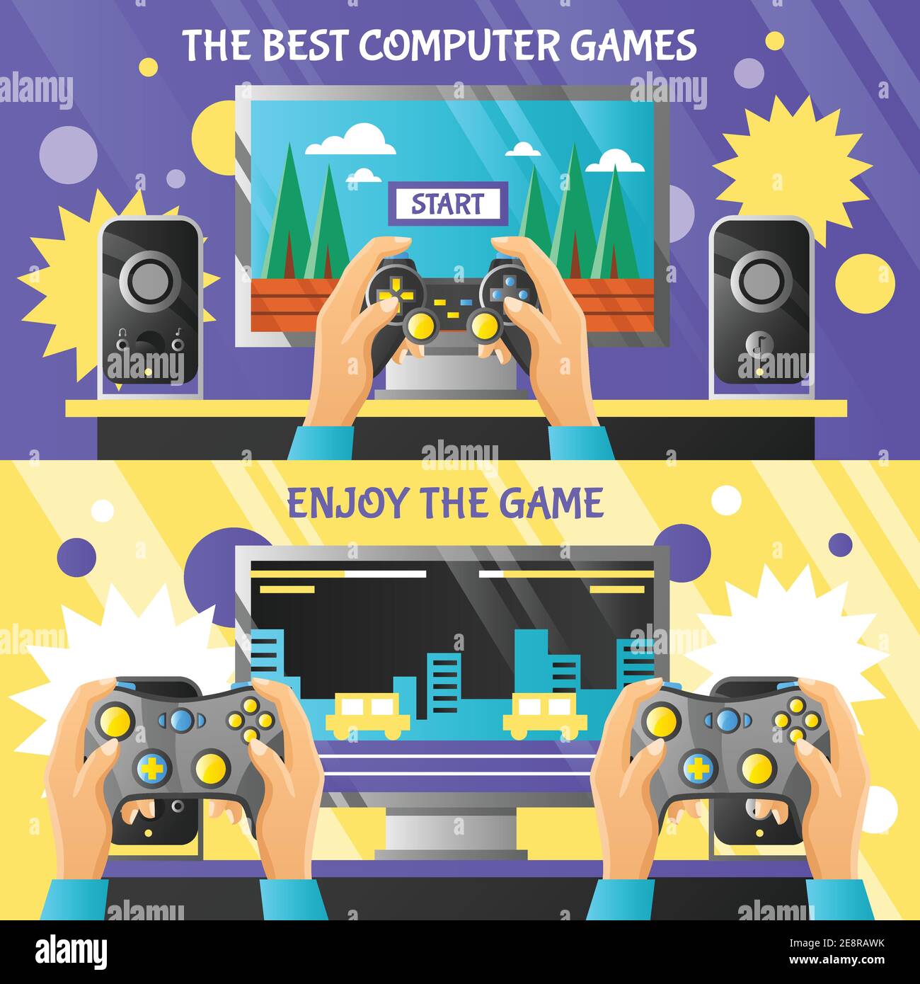 Game gadget horizontal banners with male hands holding gamepad and computer screen with simplified game level flat vector illustration Stock Vector