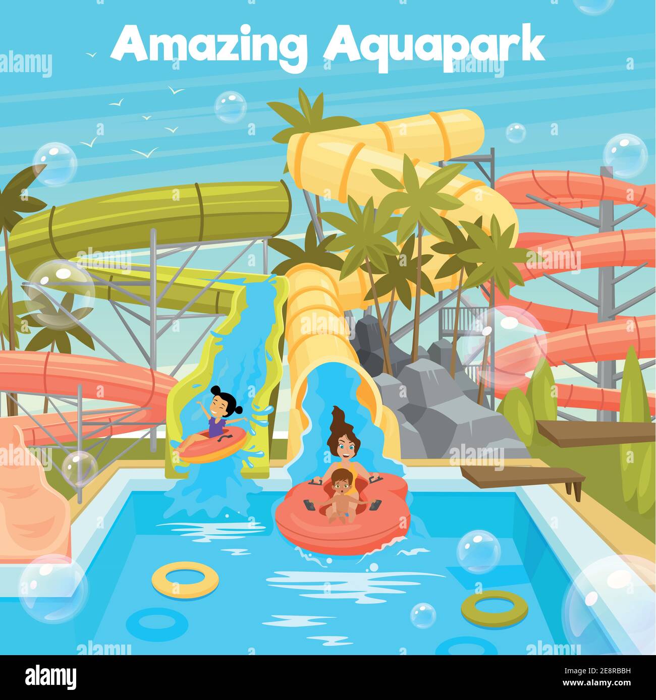 Aquapark poster template with water pool slides pipes cheerful family