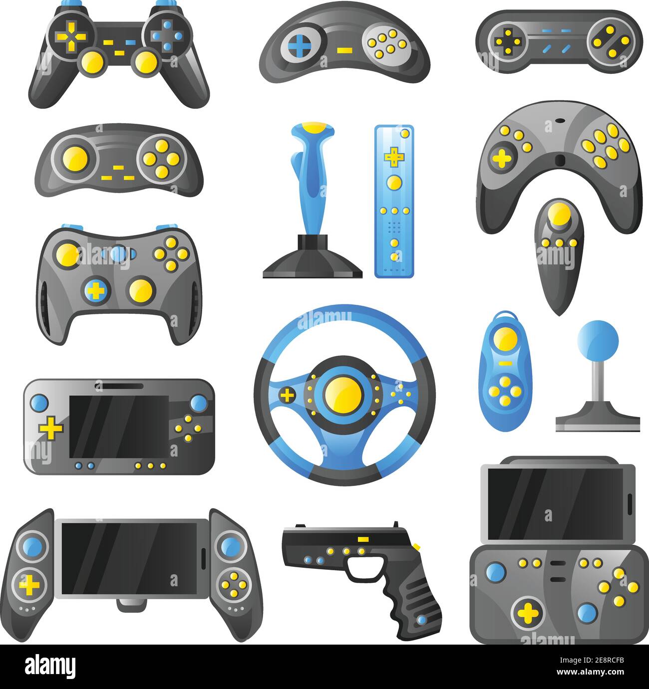 Collection of game consoles wireless gamepad joystick and steering wheel isolated color icons set vector illustration Stock Vector