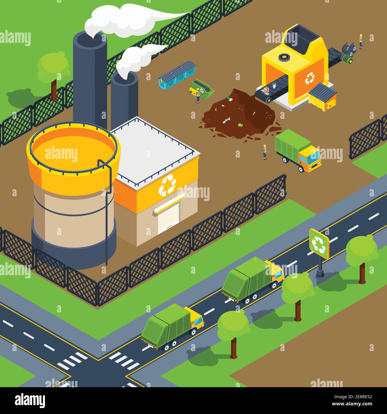 Recycling plant isometric poster of territory with factory sorting line