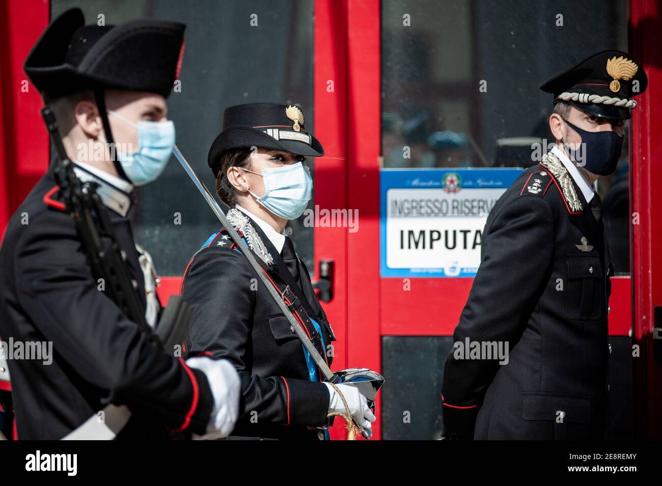 Representatives of Carabinieri are seen at the entrance to the bunker  room.Amidst the recent Government's crisis, Alfonso Bonafede, Minister of  Justice, attended the Inauguration of the Judicial Year 2021 at the High