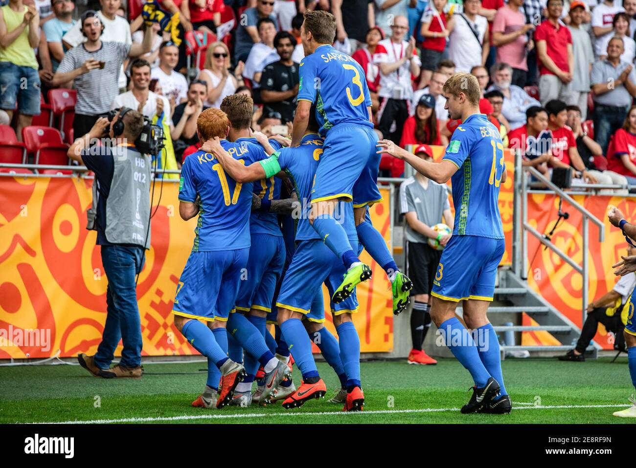 Players of Ukraine celebrate a goal during the 2019 FIFA U-20 World Cup Final match between Ukraine and Korea Republic at Lodz Stadium.  (Final score; Ukraine 3:1 South Korea) Stock Photo