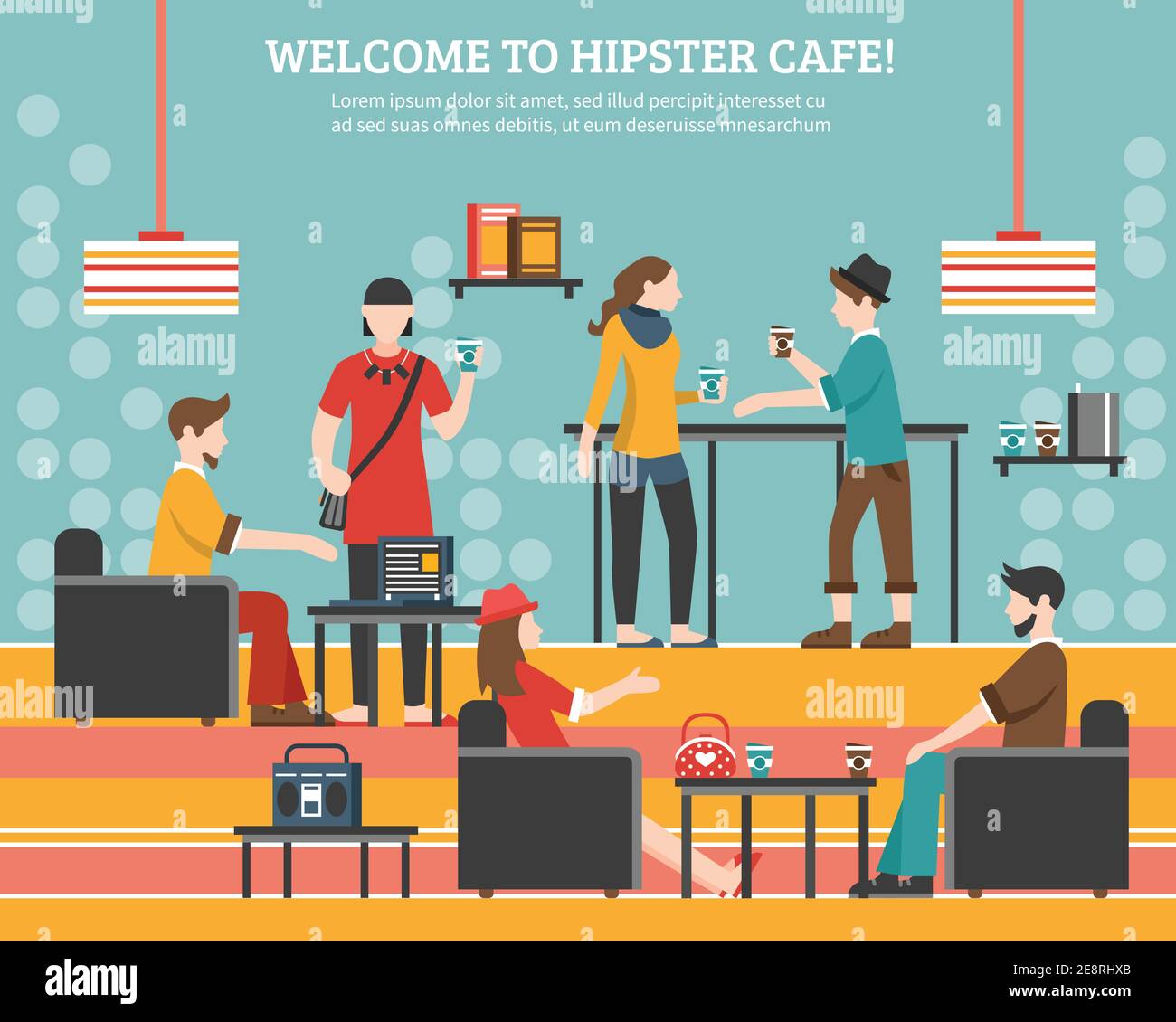 Hipster flat vector illustration with young people in street slothes communicating in cafe decorated in retro style Stock Vector