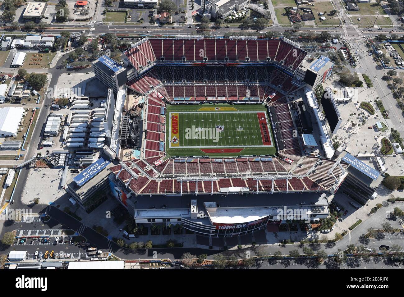 Tampa, FL, USA. 31st Jan, 2021. Aerial view vf Raymond James Stadium, site of Super Bowl LV between The Tampa Bay Buccaneers and the Kansas City Chiefs on January 31, 2021. Credit: Mpi34/Media Punch/Alamy Live News Stock Photo