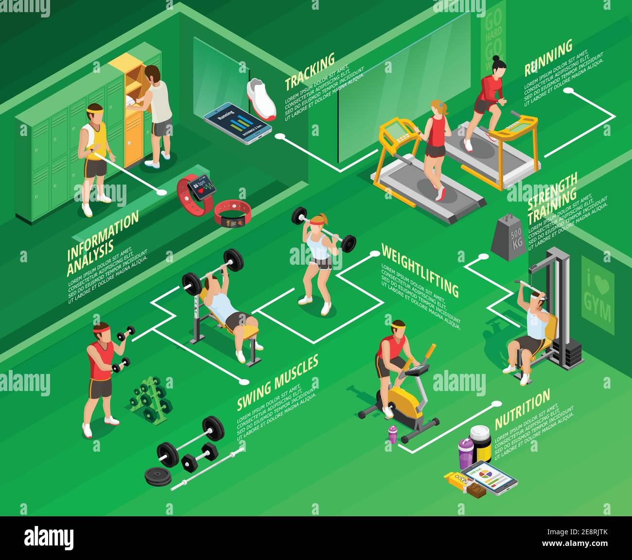 Gym isometric infographics with physical exercises titles people and