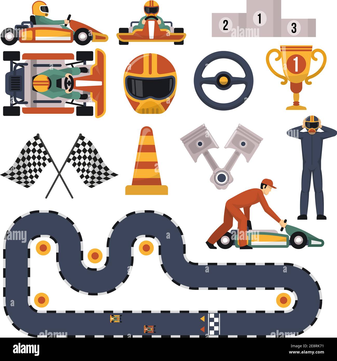 Flat design karting motor race track apparel equipment and drivers set isolated on white
