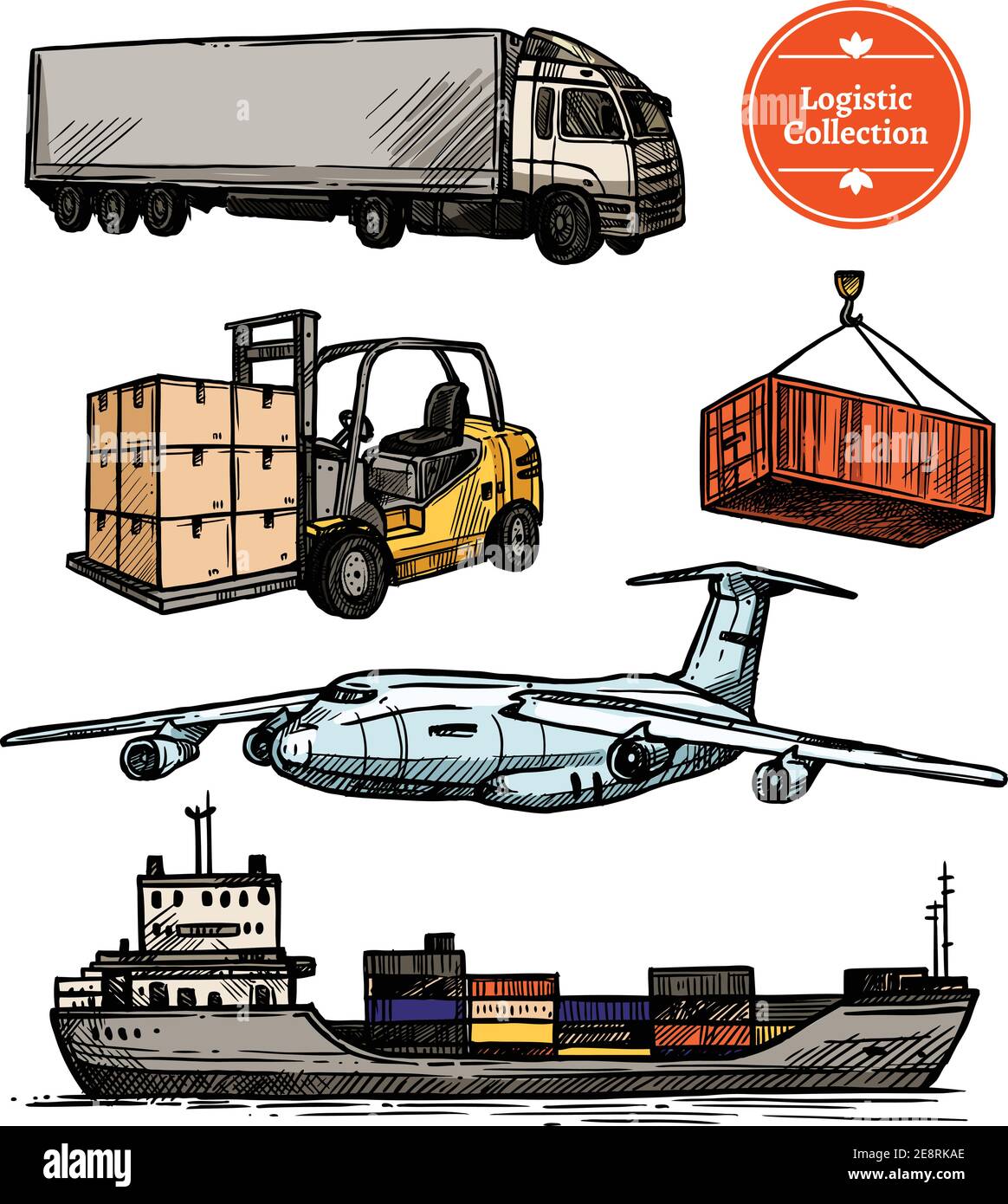 Colorful logistic set with truck forklift airplane ship and container in hand drawn style isolated vector illustration Stock Vector