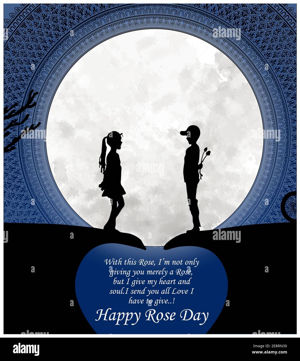 Rose day template,wallpaper,flyer.Happy rose day template with silhouette and moon and mandala in background. Stock Photo