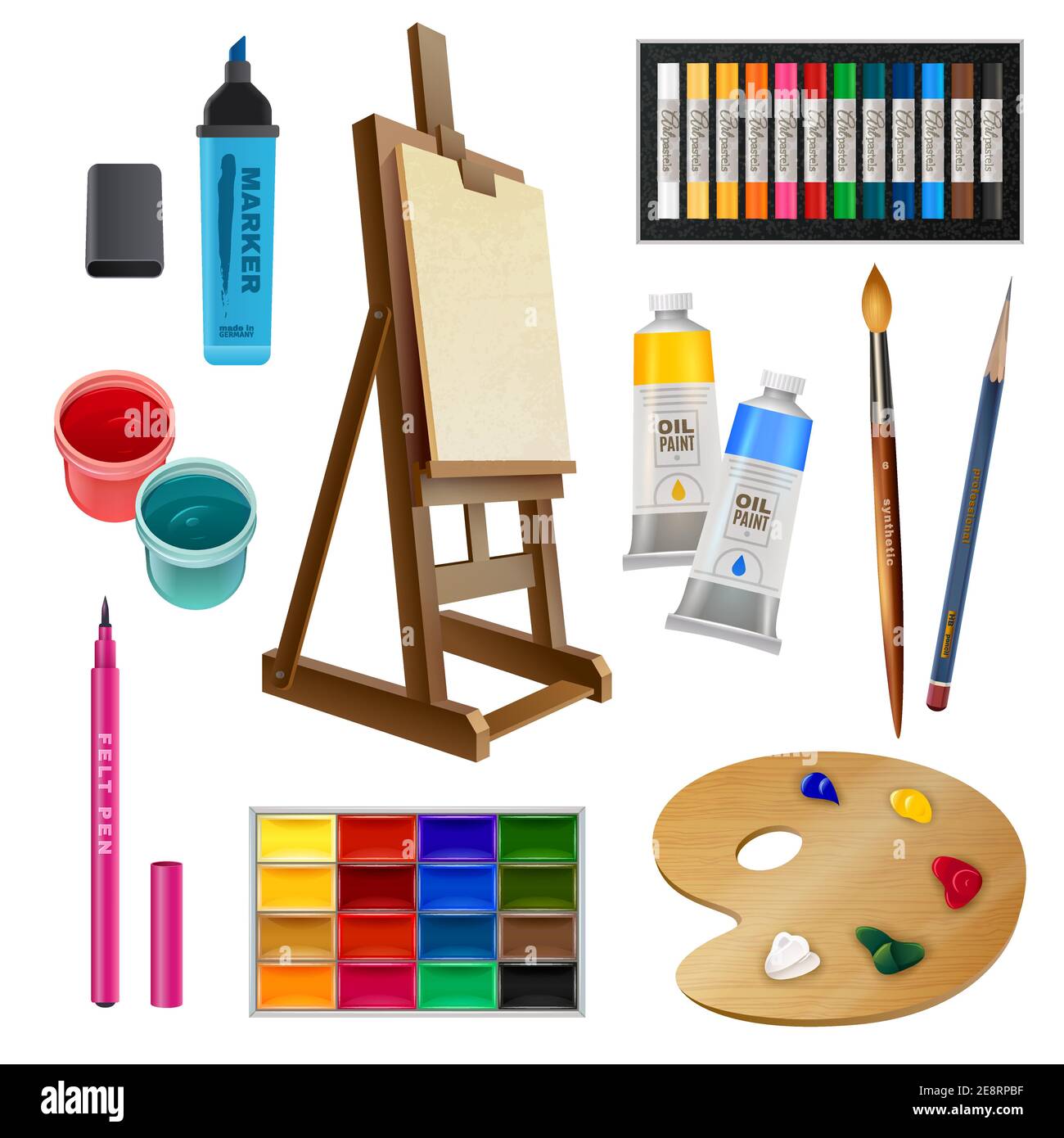 Artist palette with art tools and supplies, vector illustration