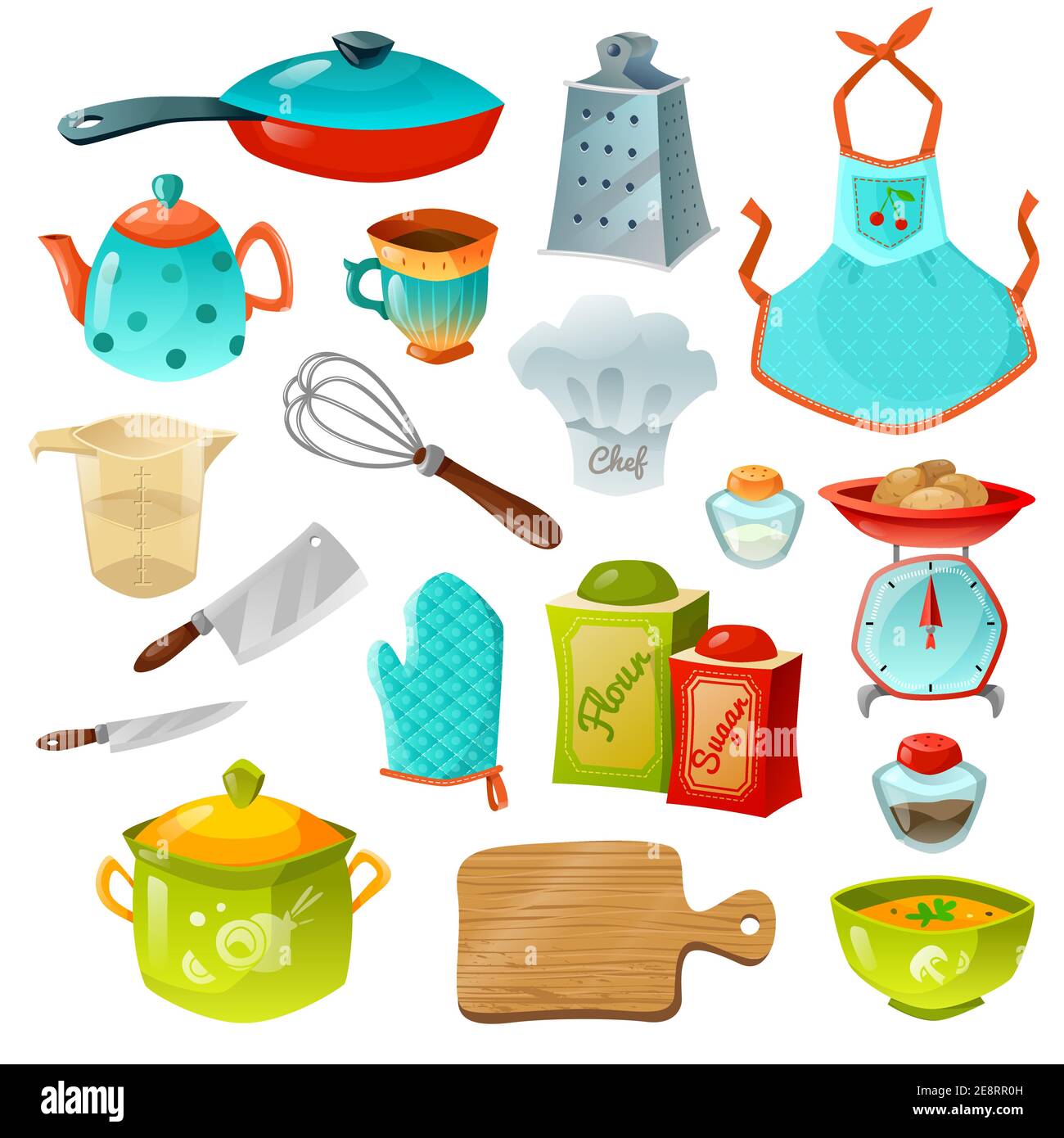 Cooking decorative icons set of kitchen utensils with frying pan pot