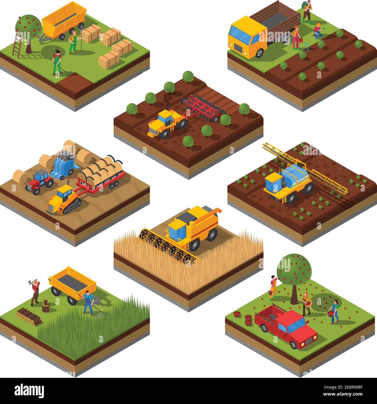 Isometric set with isolated plates of fields and agricultural machines harvesting and people cropping vector illustration Stock Vector