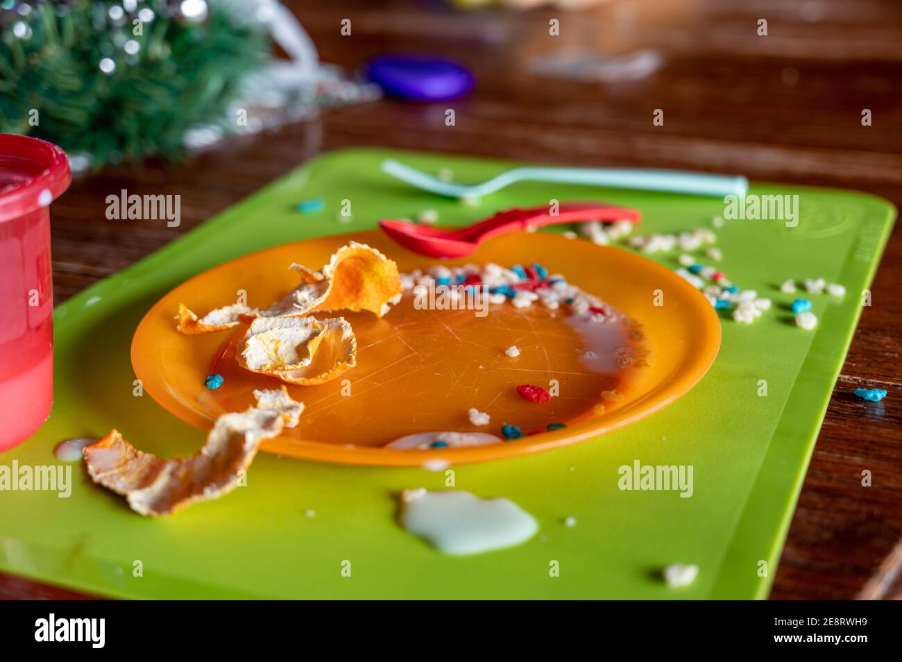 Children can be messy eaters typical arrangement after eating Stock