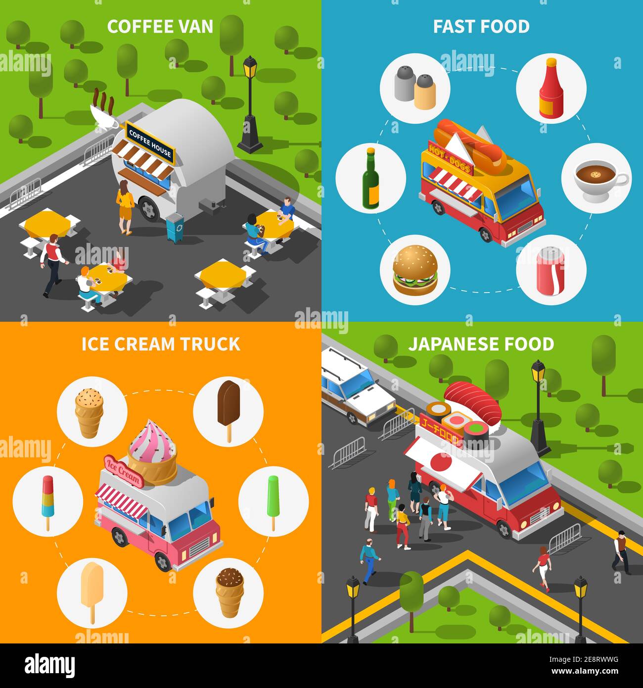 Street Food Isometric Concept. Street Food Car Icons Set. Street Food