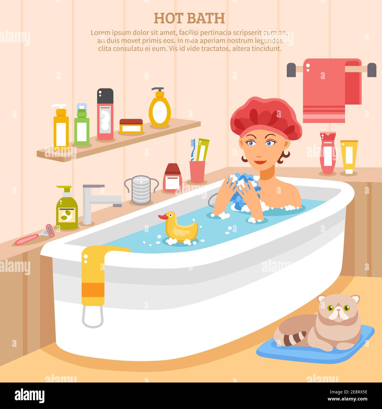Hot bath poster with woman in soapy water cat on mat and hygiene items vector illustration Stock Vector