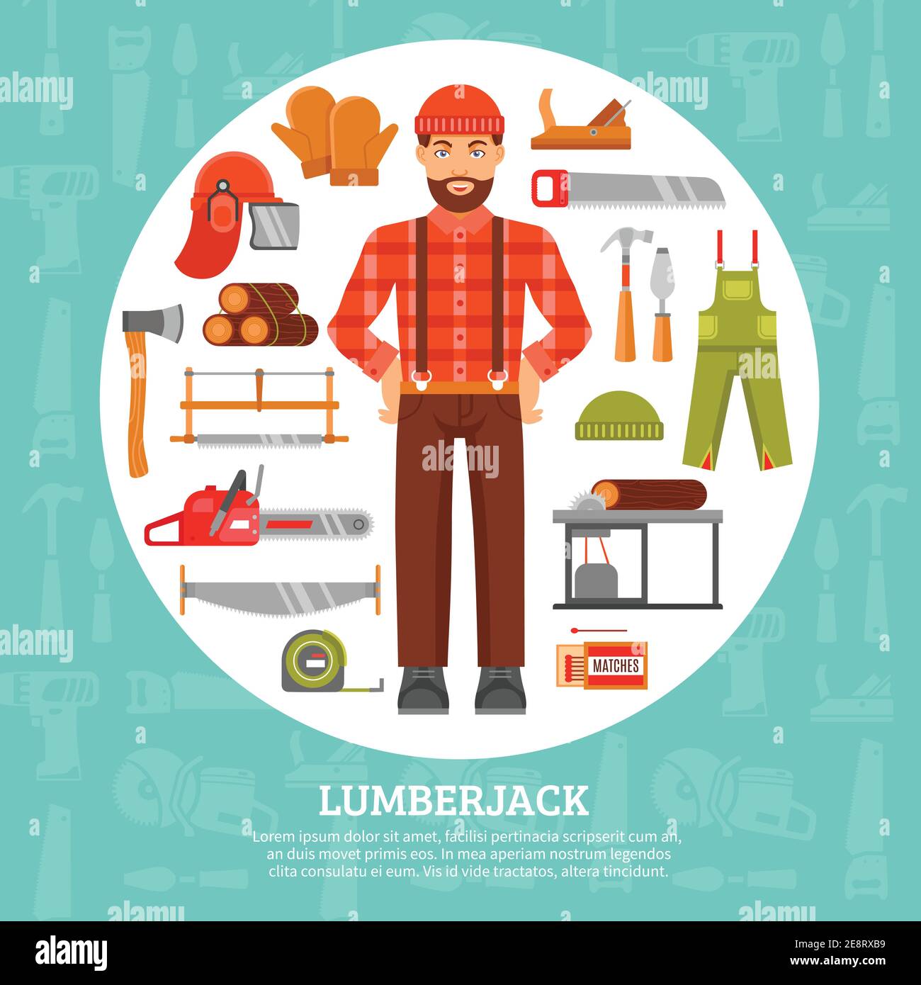 Lumberjack and tools icons set with saws axes overall in white circle ...