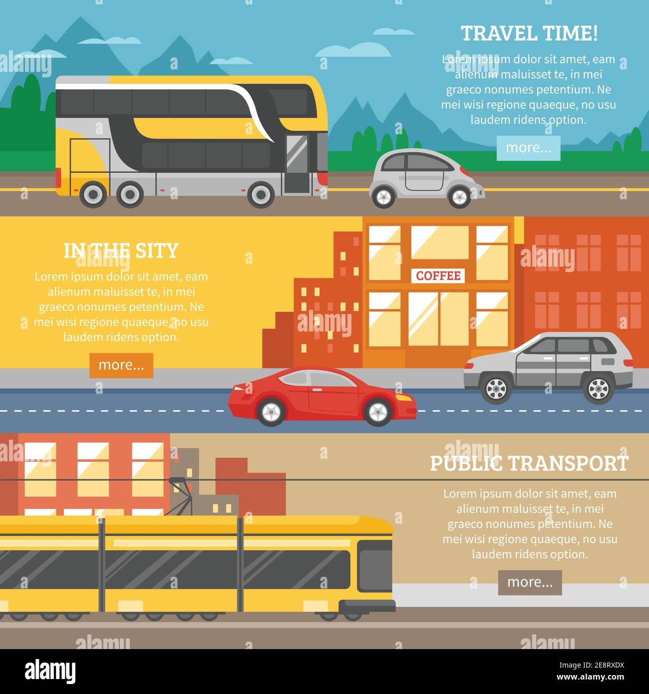 Transport for city and travel banners with tram cars building highway ...