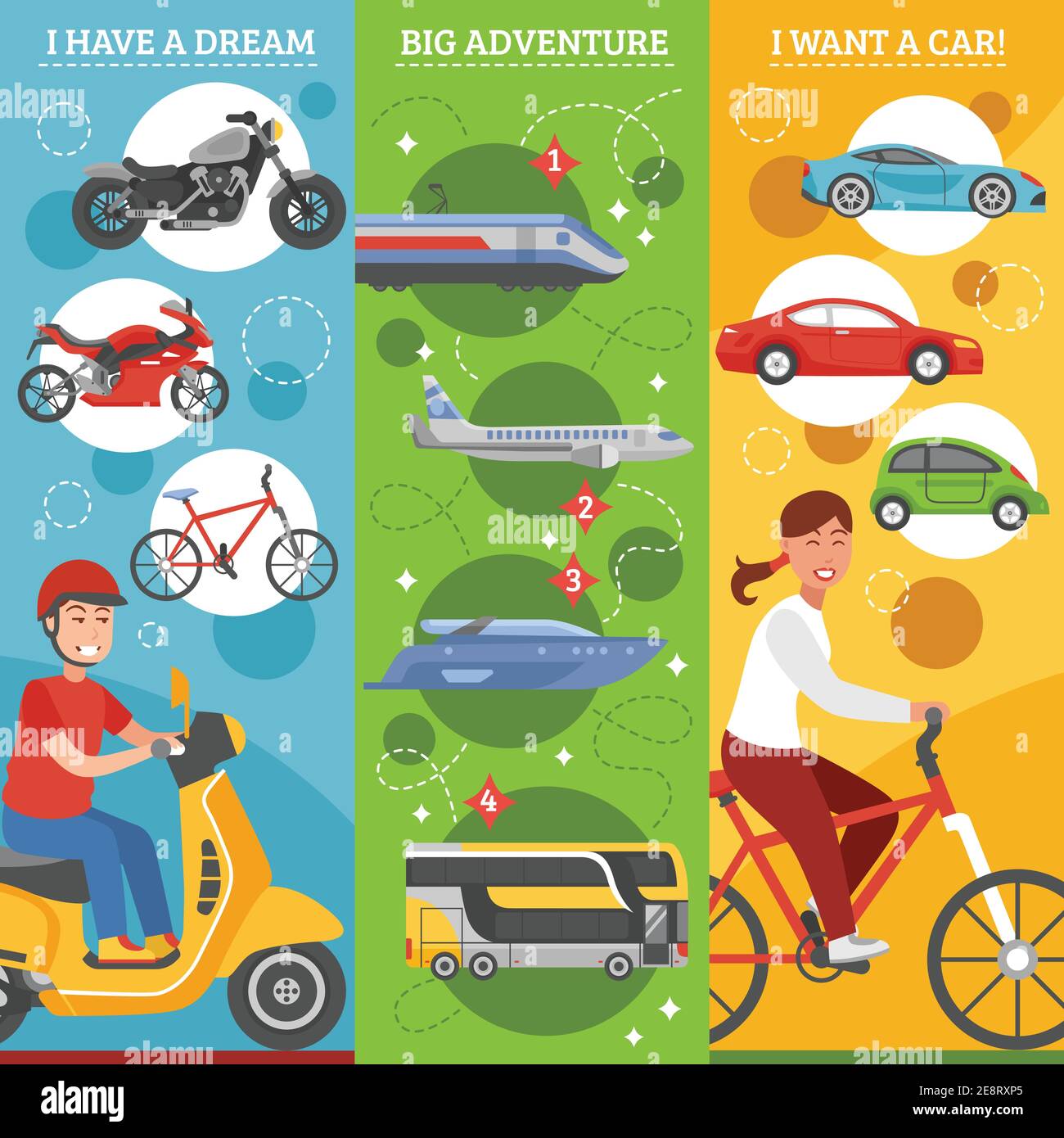Transport dreams vertical banners set with people big journey and