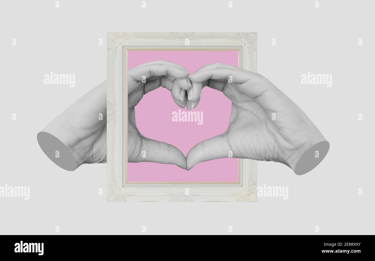 Digital collage modern art, Hands making Heart symbol, with retro picture frame Stock Photo