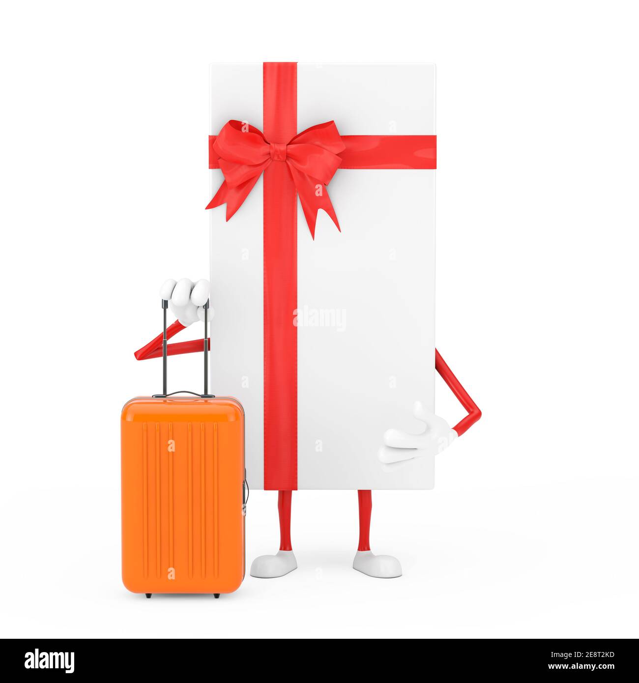 White Gift Box and Red Ribbon Character Mascot with Orange Travel