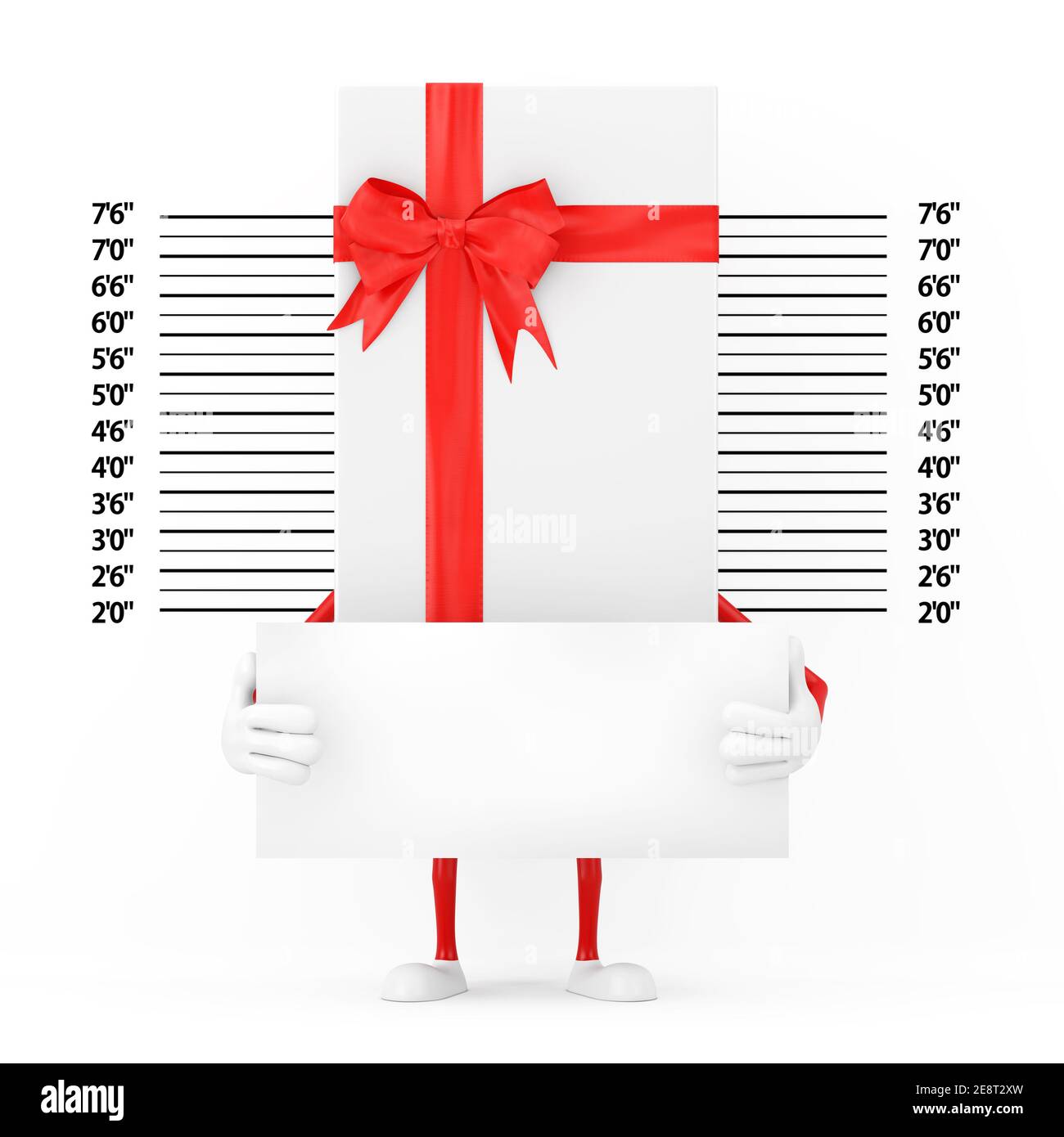 White Gift Box and Red Ribbon Character Mascot with Identification Plate in front of Police Lineup or Mugshot Background extreme closeup. 3d Rendering Stock Photo
