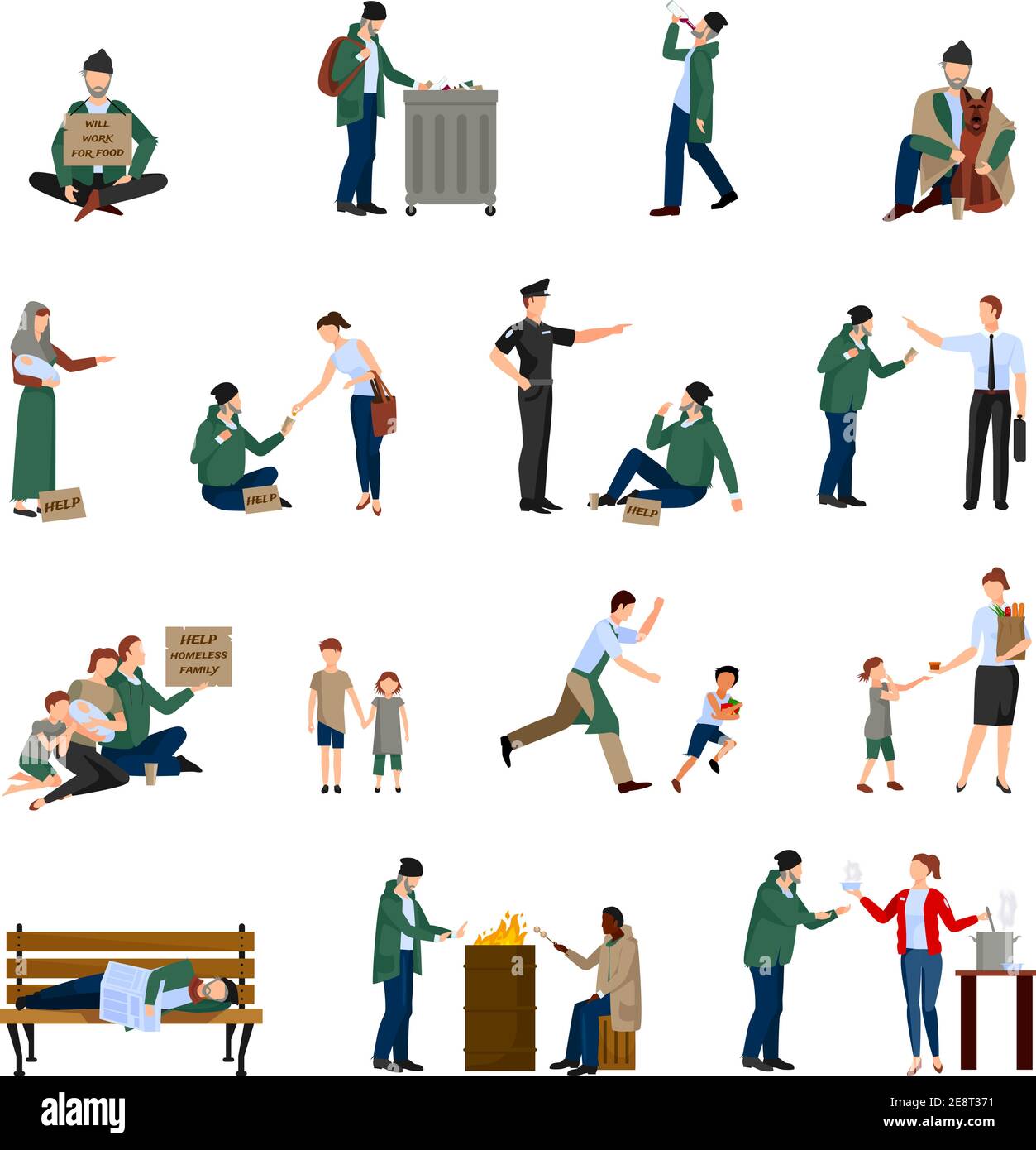 Homeless people icons set begging on the streets and survive in harsh conditions vector illustration Stock Vector