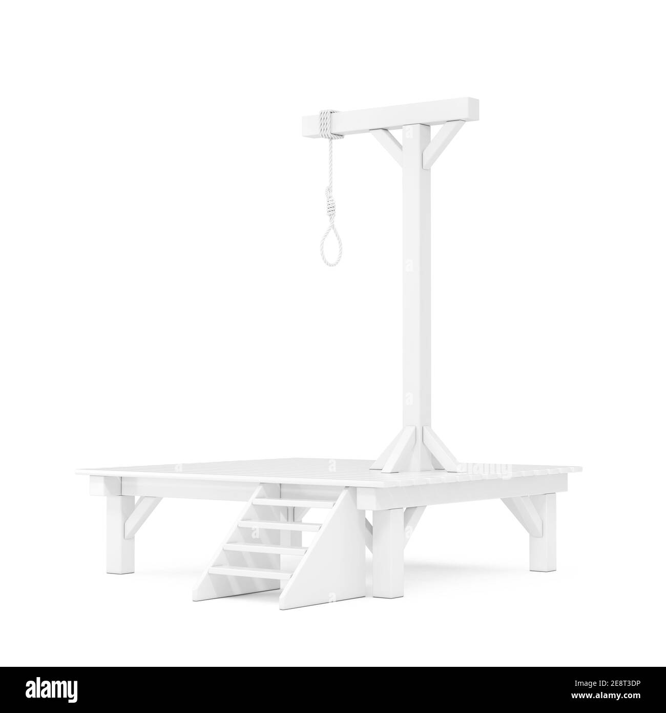 White Gallows with Hanging Noose Rope Tied Knot in Clay Style on a white background. 3d Rendering Stock Photo