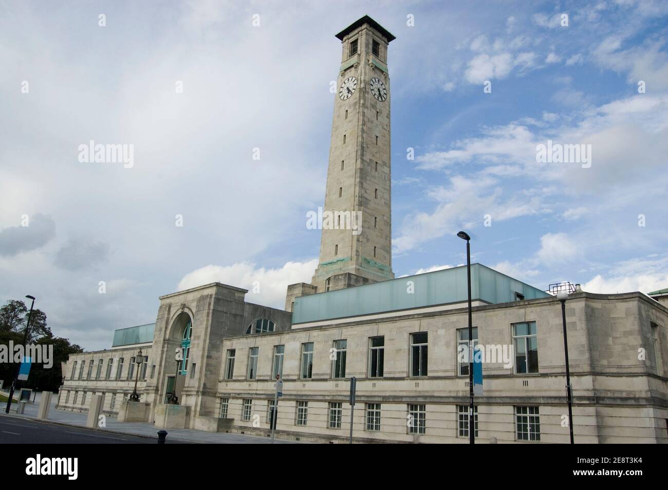 Western facade of Southampton's Civic Centre. The art deco style building is home to a library, theatre and museum as well as council offices. Stock Photo