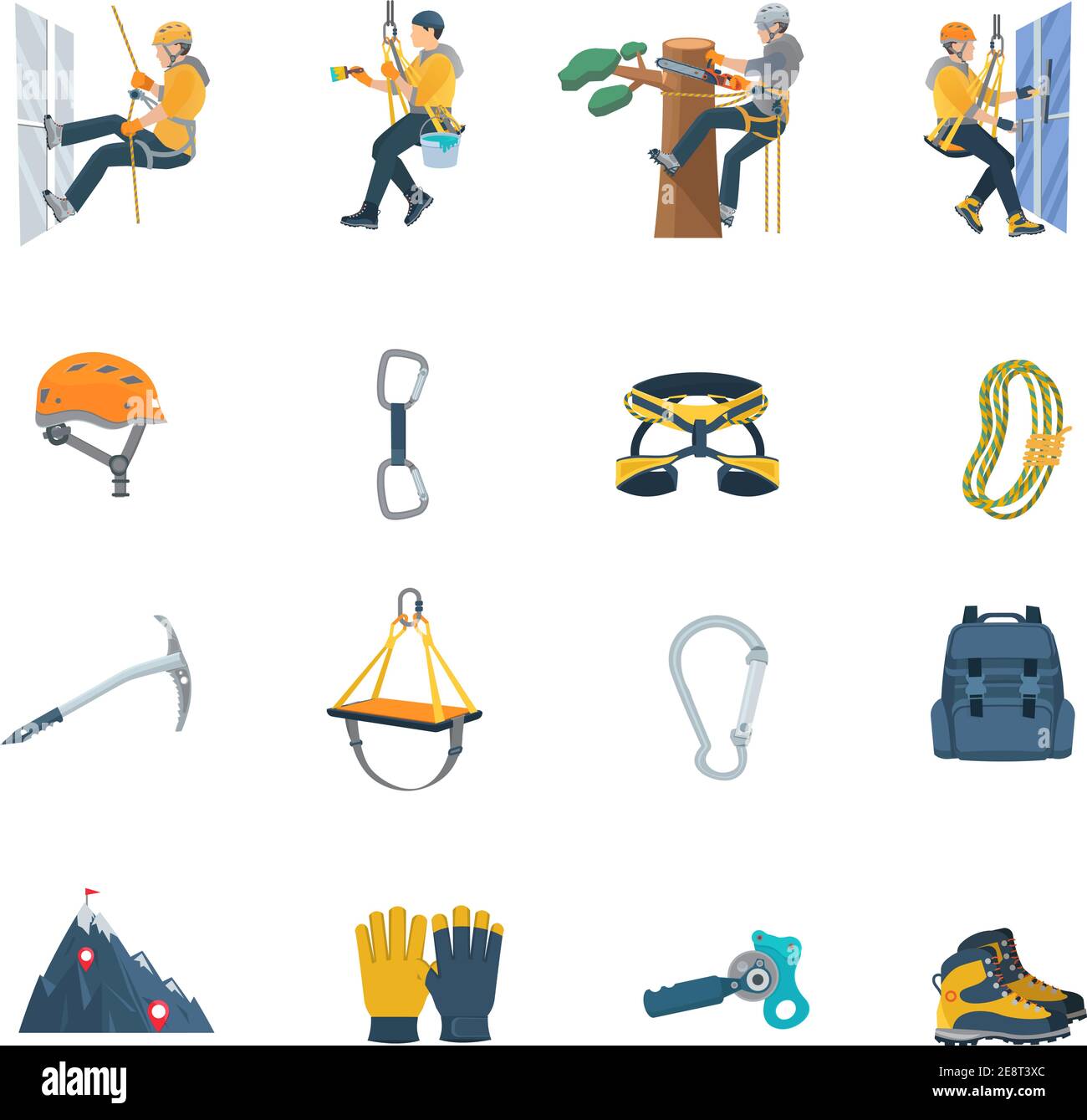 Color flat icons set of climbing equipment ofr industrial alpinism vector illustration Stock Vector